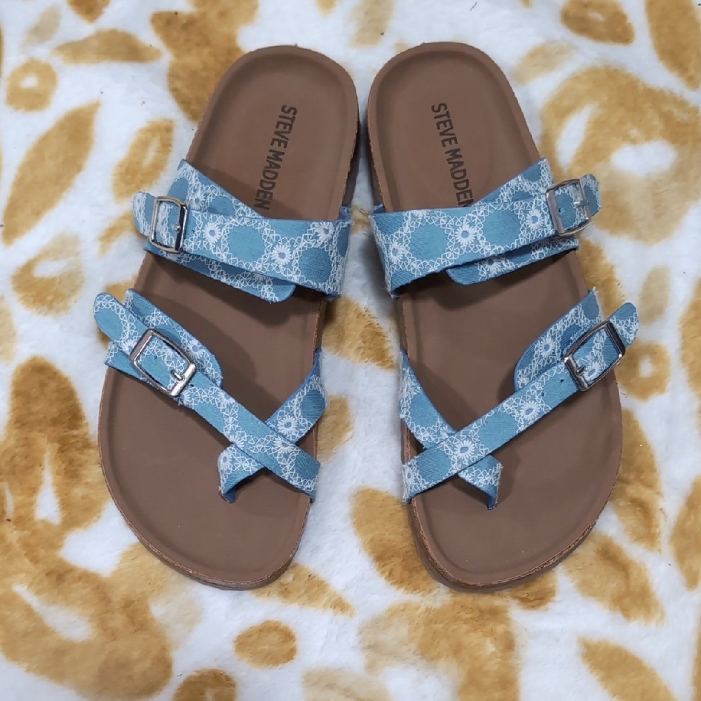 Steve Madden Kids Blue Floral Buckle Sandals Size 1 Boho Summer Slides - Picture 1 of 2